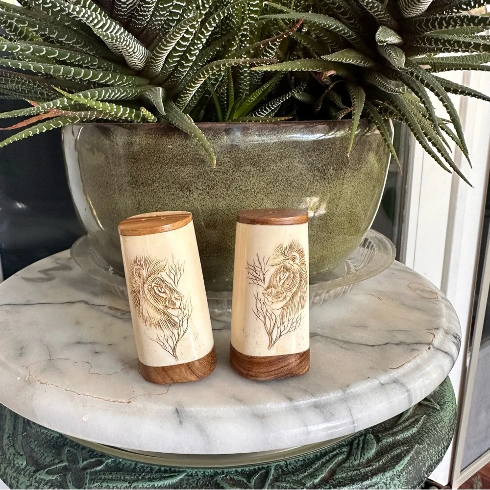 Scrimshaw African Lion Bone & Wood Salt & Pepper Shakers